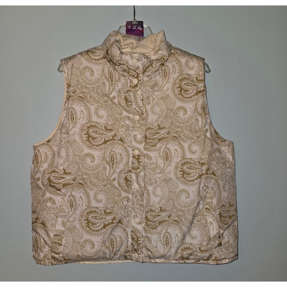 Lands' End Womens Puffer Vest Cream Paisley Reversible Down Filled Winter Size L - Picture 9 of 14
